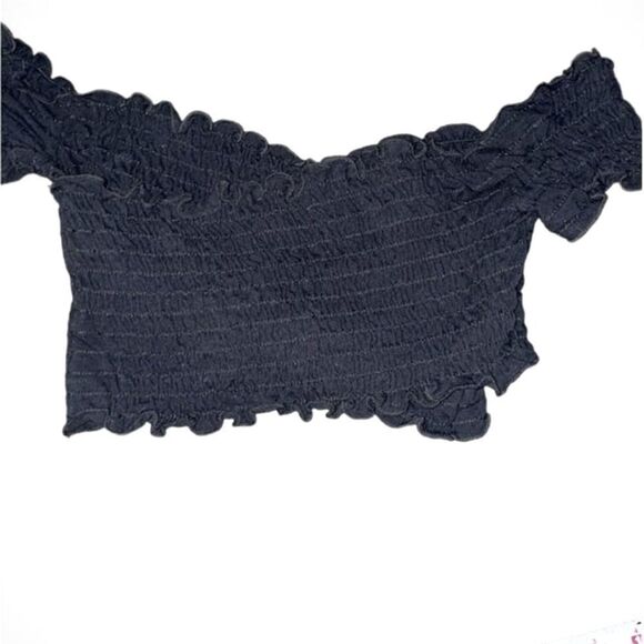 FREE PEOPLE “SMOCK IT TO ME” CRISS CROSS OFF THE SHOULDER CROP TOP BLACK  SMALL - Picture 3 of 10